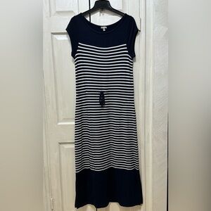 Talbots Women LP Stretchy Striped Navy Blue/White Shirt Sleeve Maxi Dress Slits
